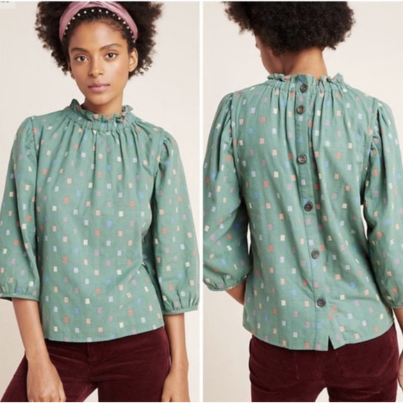 Anthropologie Tops - Ro & De Anthropologie Green Ruffle Neck Button Back Isabetta Blouse Size Medium